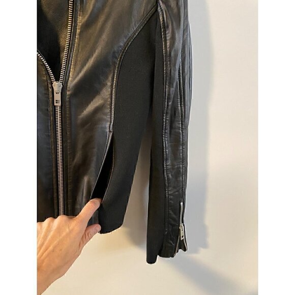 rag & bone harrison moto lamb leather jacket size 0 black zip ribbed knit panel - Picture 2 of 13